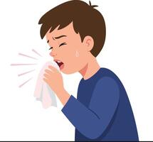 A young boy with brown hair sneezing into a handkerchief while showing signs of discomfort in a flat illustration vector