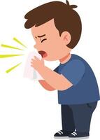 A young boy sneezing into a tissue with a concerned expression, flat design, bright colors, cheerful yet slightly worried mood, illustration vector