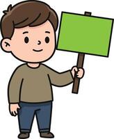 Young boy smiling while holding a green sign in a simplistic, flat design style showcasing cheerful expression in illustration vector