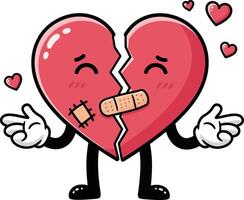 A cute cartoon heart character with arms and a bandage, expressing love and empathy in a flat illustration style, surrounded by smaller hearts in a cheerful scene art vector