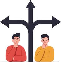 Two thoughtful men pondering decisions at a crossroads with directional arrows in a minimal flat design illustration vector