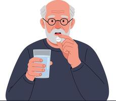 Elderly man taking medication with a glass of water in a flat and minimal illustration style, conveying a sense of health and care in daily life art vector