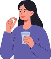 Woman holding a glass of water and a pill with a cheerful expression in flat art style showcasing health and wellness themes vector