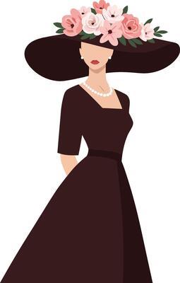 Elegant woman in a black dress wearing a large floral hat in a minimal style illustration