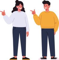 Two cheerful young adults engaging in playful conversation while pointing at each other in a minimal illustration style vector