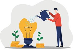 A man watering a light bulb plant with a watering can in a flat and minimal design illustration showcasing growth and innovation in a creative setting vector