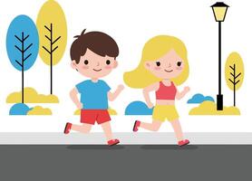 Two children joyfully running in a park during a sunny day, displaying a flat and colorful design style, illustration vector