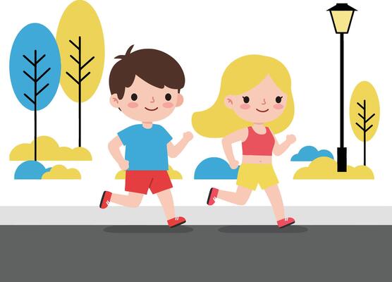 Two children joyfully running in a park during a sunny day, displaying a flat and colorful design style, illustration