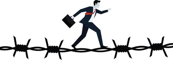 Businessman in a suit running across barbed wire in a flat, minimal design illustration showcasing determination and struggle in a challenging environment vector