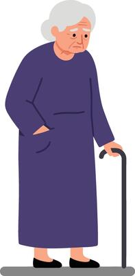 Elderly woman in a long purple dress holding a cane, exhibiting a thoughtful expression in a minimal illustration