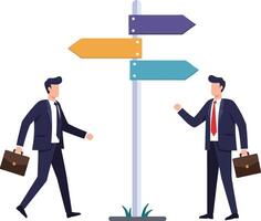 Two business professionals walking towards a directional signpost in a minimal flat design illustration showing choices and career paths vector