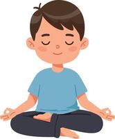 Young boy practicing mindfulness with closed eyes in a serene pose, flat design illustration vector