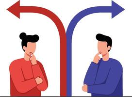 Two individuals contemplating decisions at a crossroads with directional arrows in a minimal flat design illustration vector