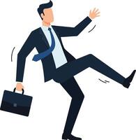 Businessman in a suit slipping while carrying a briefcase, showcasing a humorous and unexpected moment in a flat illustration vector
