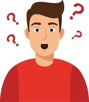 Surprised young man in a red shirt with an amazed expression, flat style illustration of curiosity and confusion vector