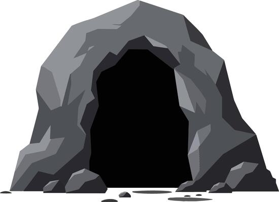 Detailed illustration of a rocky cave entrance surrounded by smooth stones and shadows, creating a mysterious and natural atmosphere in flat art