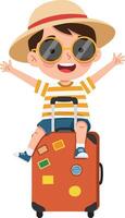 A cheerful boy wearing sunglasses and a straw hat joyfully sits on a colorful suitcase in a playful, minimal illustration vector
