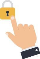 Hand pressing a yellow padlock symbolizing security in a minimal flat design illustration vector