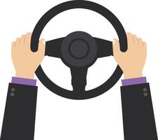 Hands gripping a steering wheel in a formal suit, showcasing focus and determination in a flat illustration vector