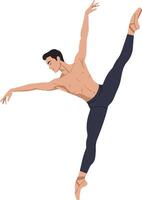 A male ballet dancer executing an elegant leap in a flat, minimal design style showcasing grace and athleticism in art vector