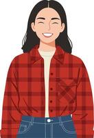 Smiling young woman wearing a red flannel shirt and blue jeans in a cheerful, minimal illustration vector