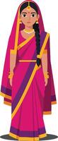 Woman in a vibrant pink saree with intricate patterns, showcasing detailed flat art, standing confidently with a serene expression, embodying cultural elegance in illustration vector