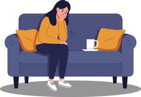 A woman sitting thoughtfully on a comfortable couch with a coffee cup in a minimal and colorful illustration vector