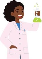 Cheerful scientist in a white lab coat holding a green flask with bubbling liquid in a flat illustration vector