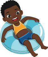 A joyful child relaxing on a blue inflatable float, engaging in playful summer fun, designed in a colorful and cheerful flat illustration vector