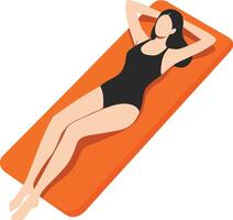 A woman relaxing on an orange sun lounger in a minimal flat design style, enjoying the sunshine, depicted as art vector
