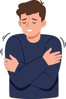 A young man with a worried expression wearing a navy sweater, feeling cold while hugging himself in a minimal illustration vector
