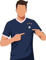 Male soccer player in navy jersey proudly pointing at star emblem in minimal flat illustration style showcasing enthusiasm and team spirit through confident posture and expression in art vector