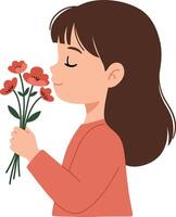 Girl holding a bouquet of red flowers in a joyful mood, flat illustration depicting nature and innocence with a light-hearted atmosphere in art vector