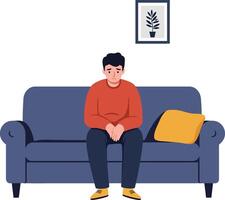 A young man sitting pensively on a blue couch in a minimal style illustration, expressing contemplation and introspection in a cozy indoor setting vector
