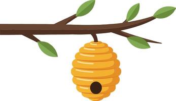 A detailed illustration of a honey bee hive hanging from a branch surrounded by vibrant green leaves in a natural setting showcasing ecological harmony art vector