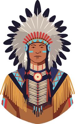 Native American man wearing a colorful feather headdress and traditional attire in a flat design style showcasing cultural pride art