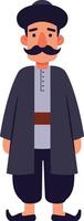 Traditional man in dark clothing with a mustache standing confidently in a flat, colorful style illustration vector