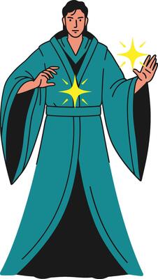 A magician in a flowing teal robe casting spells with shimmering stars, detailed illustration showcasing enchanting energy and mystique in a whimsical atmosphere