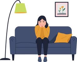 A woman sitting on a blue couch with hands on her face in a minimal, flat design style illustration representing contemplation and emotional reflection in a cozy setting vector