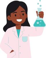 Young scientist in a white lab coat happily holding a flask filled with blue liquid in a flat illustration vector