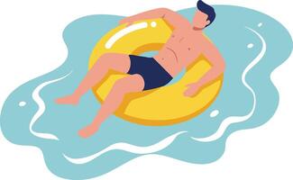 A relaxed young man floating on a yellow inflatable ring in a pool of clear blue water, minimal design style illustration vector