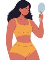 A confident woman examining her reflection in a handheld mirror while wearing a stylish yellow outfit in a flat illustration vector