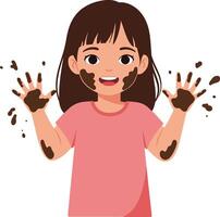 Cheerful girl with chocolate-covered hands smiling joyfully in a playful and vibrant flat illustration vector