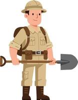 Adventurous explorer in khaki outfit holding a shovel with a confident smile in a flat illustration vector