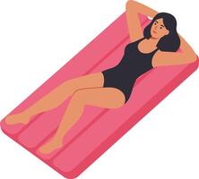 Woman relaxing on a pink float in a calm pool, showcasing a flat and minimal design style in vibrant art vector