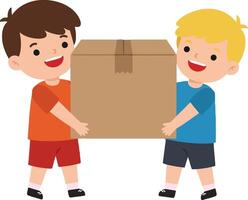 Two cheerful boys collaborating to lift a large brown box in a colorful and playful flat illustration vector