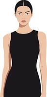 Elegant woman in a sleek black dress with minimalistic style and neutral expression, standing confidently against a plain background, art vector