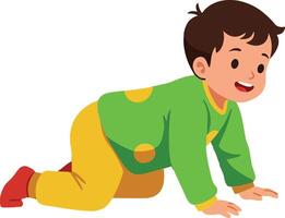 Happy young boy crawling on the floor in colorful clothing with a joyful expression in a flat illustration vector