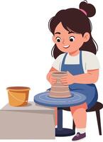 A young girl joyfully shaping clay on a pottery wheel in a flat and colorful illustration showcasing creativity and artistic expression in a cheerful studio setting vector