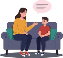 A woman in a yellow sweater engaging in conversation with a boy on a gray couch in a minimal and cheerful illustration vector